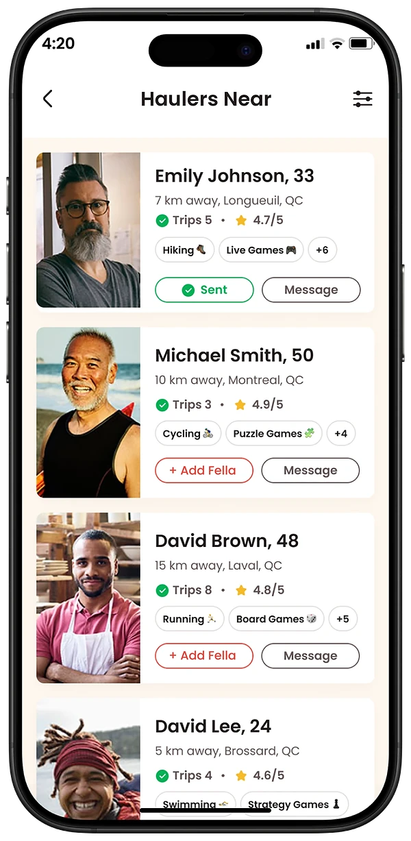 Hauler Fella app screen: Meet haulers who share your interests