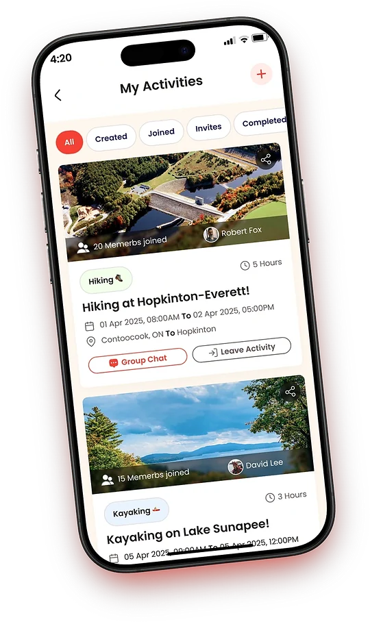 Hauler Fella app: My Activities screen with hikes and group trips