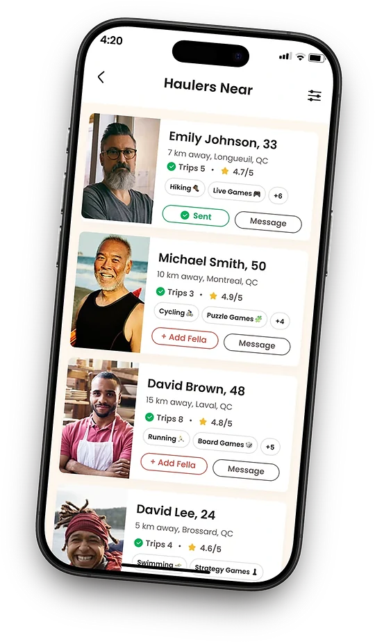 Hauler Fella app: Haulers Near screen with nearby profiles