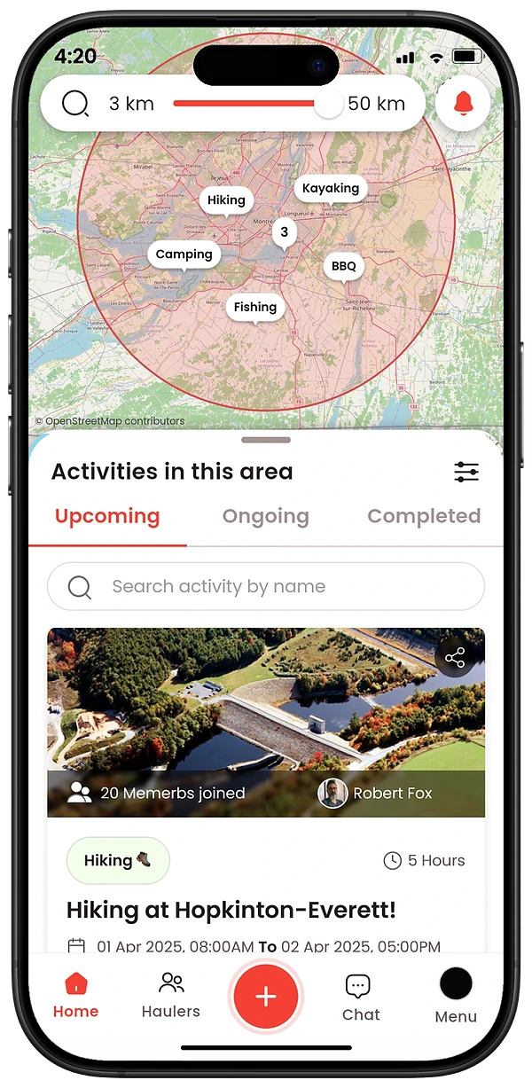 Hauler Fella app screen: Find or host an activity